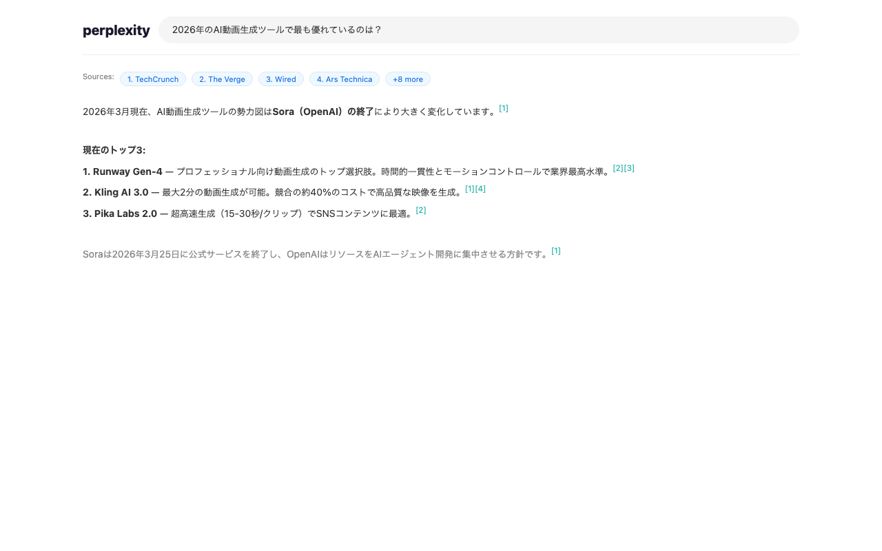 検索結果画面。各文に引用番号が付き、右サイドにソース一覧が表示される