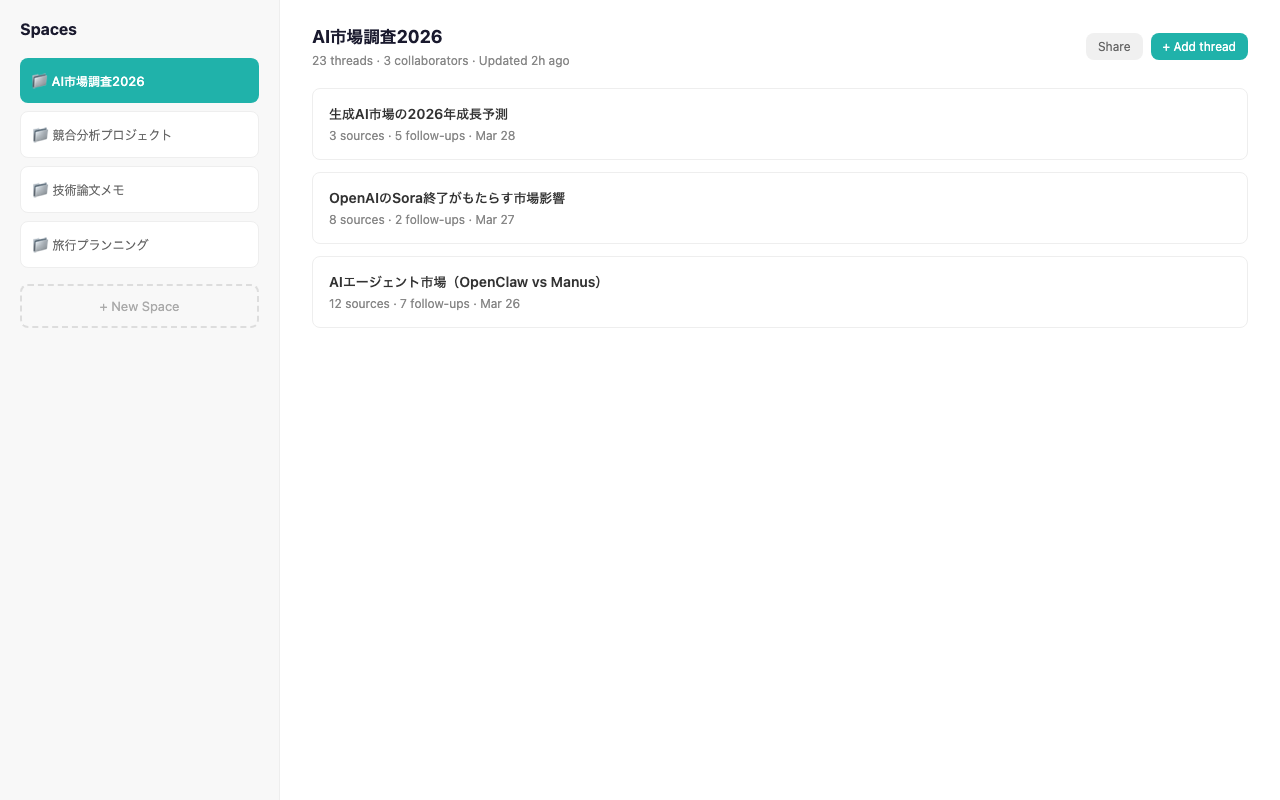 Spaces機能。テーマごとにリサーチを整理・共有できる