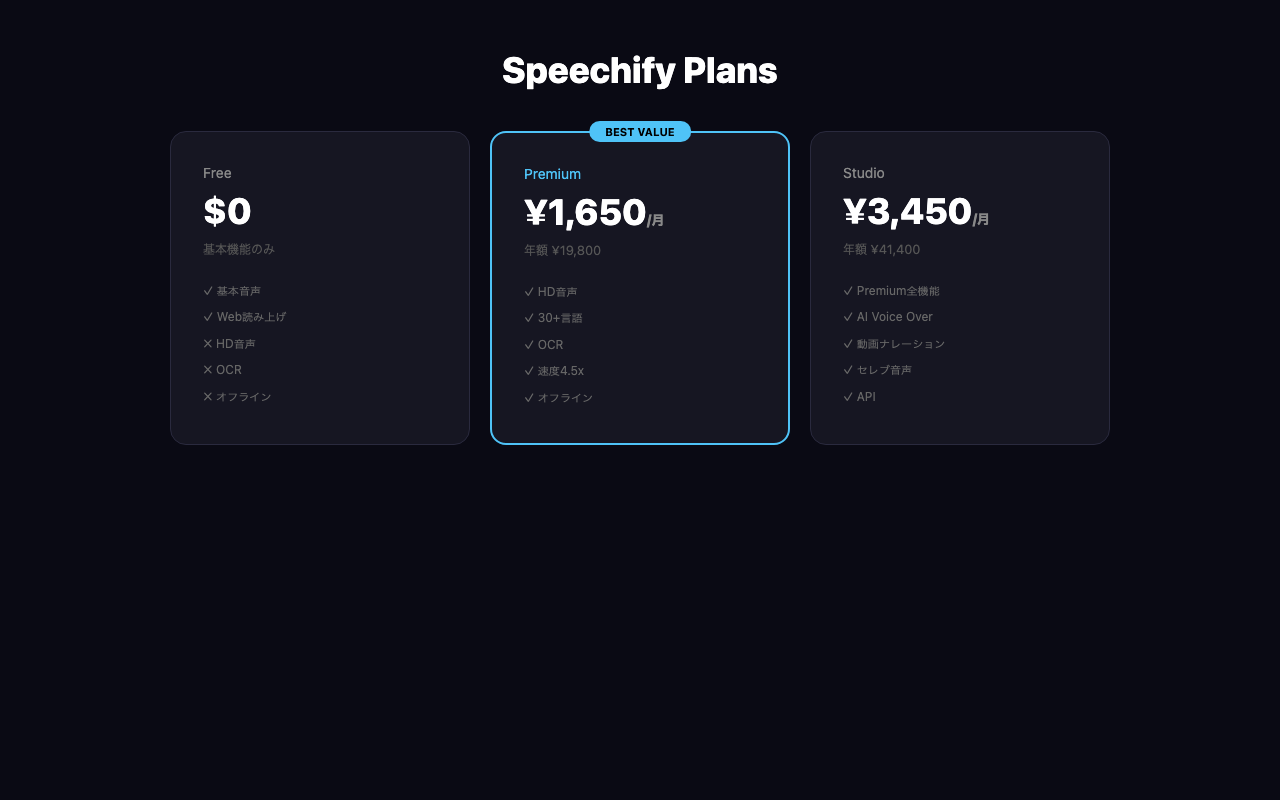 Speechifyの料金プラン比較