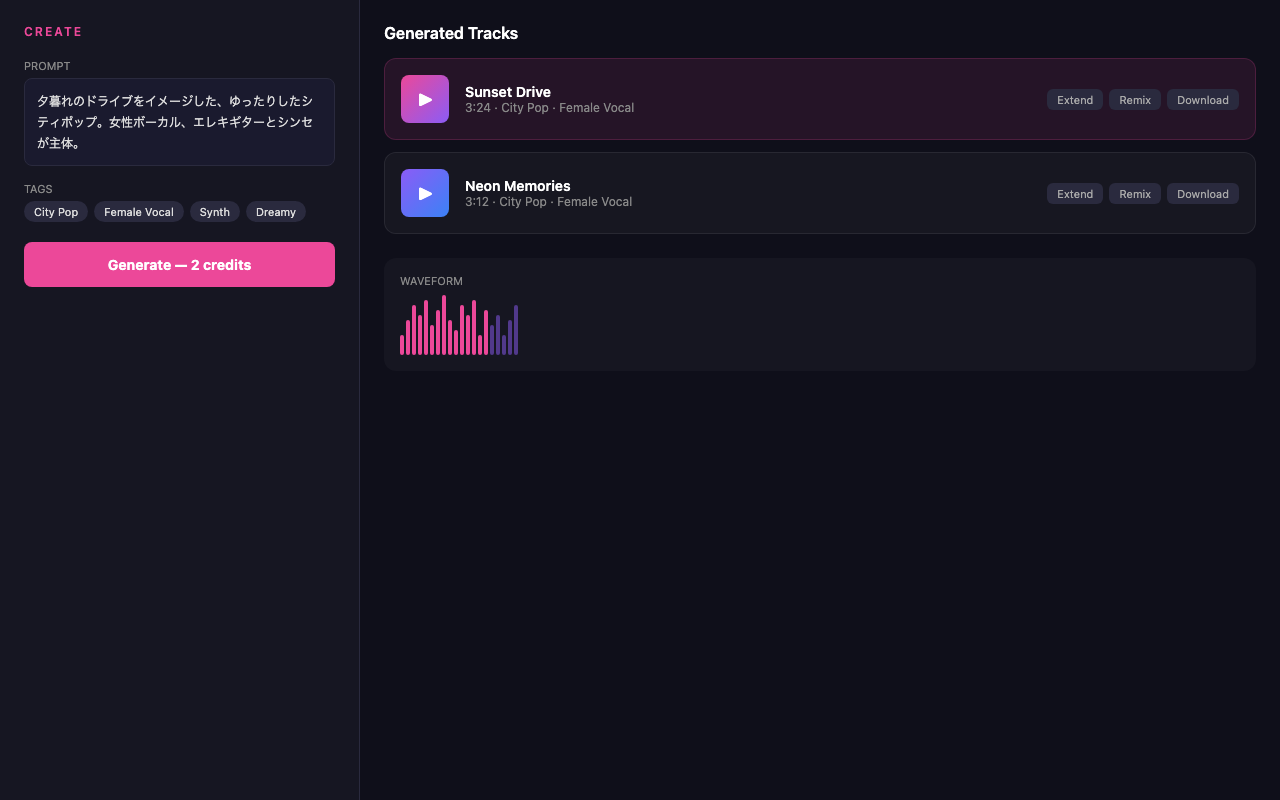Udioの楽曲生成画面